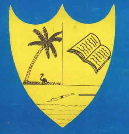 1994 Yellow shield on blue background with book and palm tree