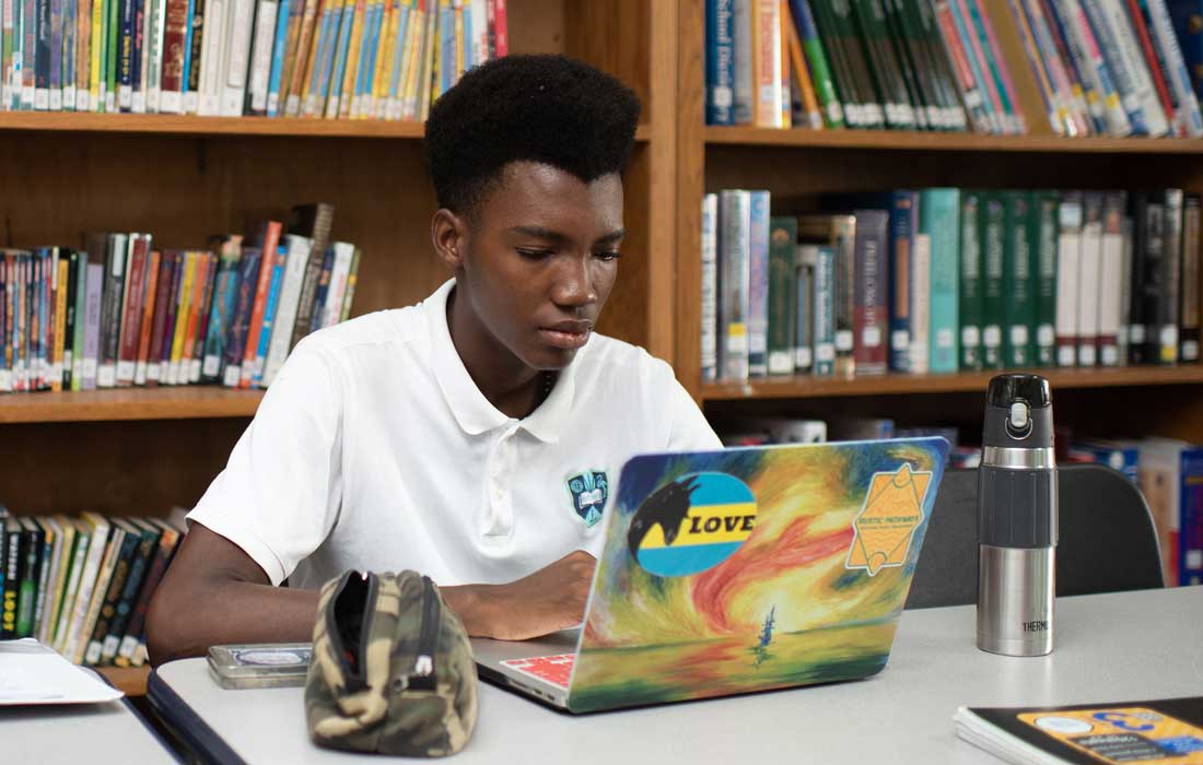 Student at table working in the library